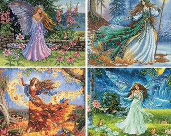 Set of 4 Digital Cross Stitch Pattern Fairies of Seasons: Spring, Summer, Autumn, Winter, PDF+XSD Saga, Women Dress, Instant Download