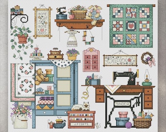 Cross Stitch Pattern Sew Cozy, PDF + xsd SAGA, House Sewing, Sampler, Needle Thread, Seasons, Embroidery, Instant Digital Download