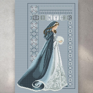 Cross Stitch Pattern Christmas Lady Winter Blue, PDF + XSD Saga, Keeper, Alternative Version, Seasons, Women Dress, Instant PDF Download