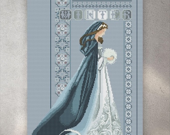 Cross Stitch Pattern Christmas Lady Winter Blue, PDF + XSD Saga, Keeper, Alternative Version, Seasons, Women Dress, Instant PDF Download