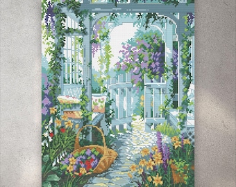Cross Stitch Pattern Garden Gate, Instant Download PDF + XSD Saga, Floral Pattern, Gate, Romantic Design, Lovers Sweetheart, Garden