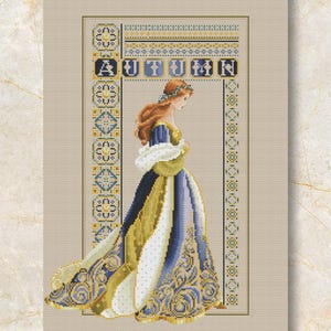 PDF + XSD Saga &quot;Lady Autumn&quot; Cross Stitch Pattern, Gold Purple, Seasons, Miss Queen, Women Dress,  Modern Home Decor, Instant PDF Download