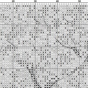 May include: A black and white cross-stitch pattern chart with a grid of symbols, including arrows, hearts, and geometric shapes. The chart is designed for needlework projects, with rows and columns marked for precise stitching.