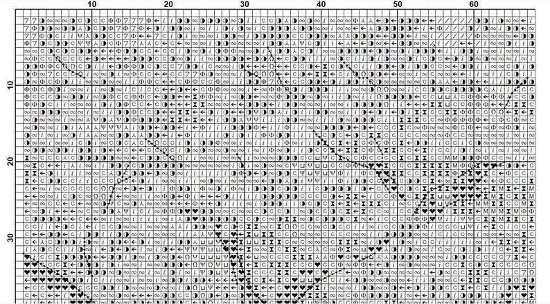 May include: A black and white cross-stitch pattern chart with a grid of symbols, including arrows, hearts, and geometric shapes. The chart is designed for needlework projects, with rows and columns marked for precise stitching.