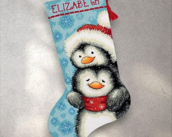 Christmas Stocking Hugging Penguins, Cross Stitch Pattern PDF + xsd SAGA, Ornaments with Alphabet, New Year, Instant Digital Download