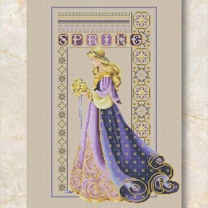 Cross Stitch Pattern &quot;Lady Spring&quot; PDF + XSD Saga, Gold Purple, Seasons, Miss Queen, Women Dress,  Modern Home Decor, Instant PDF Download