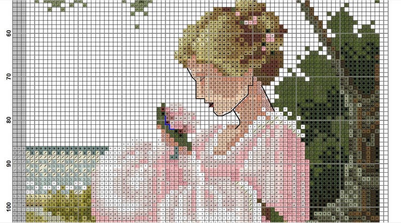 May include: Cross-stitch pattern featuring a woman in a pink dress, holding a flower. The design uses a grid of squares to create the image, with shades of pink, green, and brown. The woman's hair is blonde, and the background is a mix of white and green.