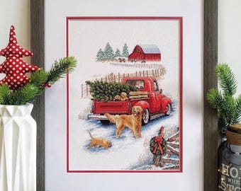 Cross Stitch Pattern Winter Ride,  PDF + xsd SAGA, Red Car, Christmas Ornaments, Holiday Design, Christmas Tree, Instant Digital Download