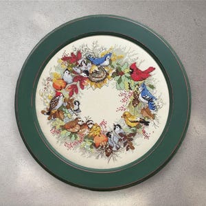 May include: A framed cross-stitch featuring a wreath of colorful birds and autumn foliage. The birds include blue jays, cardinals, and other species, surrounded by red, yellow, and green leaves. The frame is a dark green color.