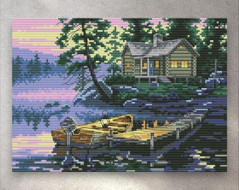 Cross Stitch Pattern Morning Lake, PDF + Saga, Markup R-XP, House, River, Boat, Nature, Summer Landscape, Instant Digital Download
