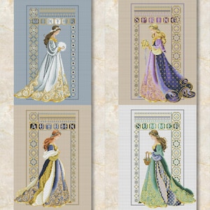 May include: Four cross-stitch patterns showing women in gowns representing the seasons: Winter, Spring, Autumn, and Summer. Each design features a woman in a long gown with ornate borders and seasonal text at the top.