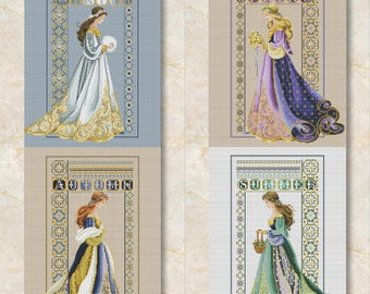 Set of 4 Digital Cross Stitch Pattern Lady: Spring, Summer, Autumn, Winter, PDF + XSD Saga, Seasons, Women Dress, Instant Digital Download
