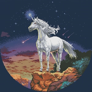 May include: A white unicorn stands atop a rocky cliff under a starry night sky. The illustration features a detailed pixelated style, with a blue and purple gradient sky, and shooting stars. The unicorn has a glowing horn.