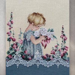 Cross Stitch Pattern &quot;Emmas Garden&quot; PDF + XSD Saga, Girl and Flowers, Lace, Seasons, Girl Dress, Bee, Instant PDF Download