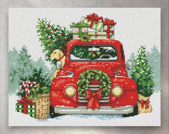 Cross Stitch Pattern Festive Ride,  PDF + xsd SAGA, Red Car, Christmas Ornaments, Holiday Design, Christmas Tree, Instant Digital Download