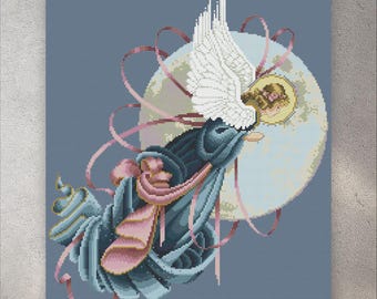 Patrón de punto de cruz Ángel de la Luna Azul, PDF + XSD SAGA, Gráfico de bordado de ángel, Mujer, Punto de cruz religioso, Descarga digital instantánea