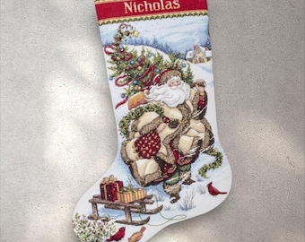 Santa Journey Stocking, Cross Stitch Pattern PDF + SAGA, Christmas Stocking Ornaments with Alphabet, Vintage Cross Stitch, Digital Download