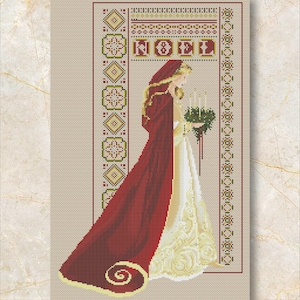 PDF + XSD Saga &quot;Lady Noel&quot; Cross Stitch Pattern, Christmas, Seasons, Miss Queen, Women Dress, Modern Home Decor, Instant PDF Download