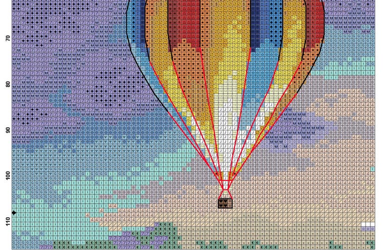 Puede incluir: Patr&oacute;n de punto de cruz de un globo aerost&aacute;tico contra un cielo nublado. El globo es un mosaico de cuadrados rojos, amarillos y azules, con contornos negros y l&iacute;neas de soporte rojas. El cielo pasa de morado a azul.