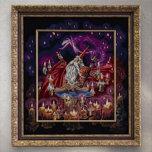 May include: Framed artwork depicting a wizard in a red robe and tall hat, surrounded by candles and mystical purple and blue light. The wizard is reading from a book, with a long white beard. The frame is gold.