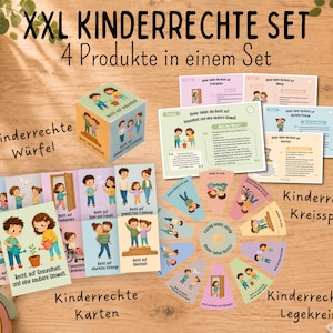 Könnte beinhalten: Ein XXL Kinderrechte-Set bestehend aus einem Würfel, Karten, kreisförmigen Spielteilen und Informationsblättern. Die Gegenstände zeigen bunte Illustrationen von Kindern und deutschen Text, einschließlich der Überschrift XXL KINDERRECHTE SET.
