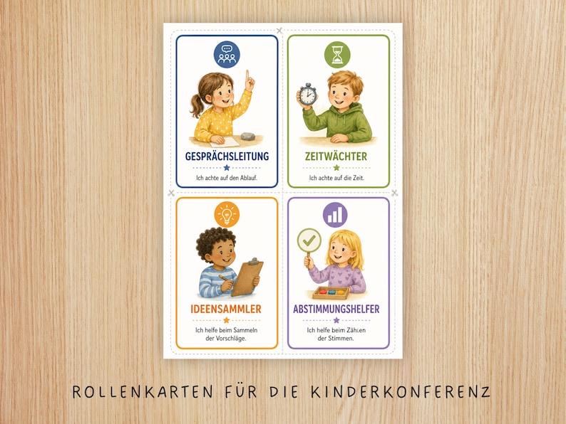 May include: A set of four educational role cards for children featuring illustrations of kids performing tasks. The cards include text labels: GESPR&Auml;CHSLEITUNG, ZEITW&Auml;CHTER, IDEENSAMMLER, and ABSTIMMUNGSHELFER, along with descriptive German sentences and icons for each role.