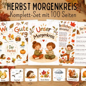 Könnte beinhalten: Ein Set aus pädagogischen Herbst-Arbeitsblättern und Karten mit dem Titel Herbst Morgenkreis, illustriert mit Kindern, Igeln, Kürbissen und Herbstlaub. Das Set enthält einen Morgenkreis-Drehkreis, Liedtexte und verschiedene Bildkarten.