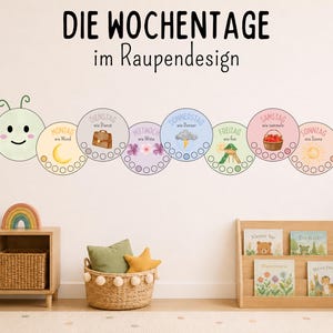 May include: A wall decal featuring a caterpillar design with seven circular segments representing the days of the week in German, labeled Montag through Sonntag, each with a unique icon and small circles below for tracking daily activities.