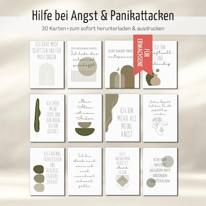 Puede incluir: Un conjunto de 12 tarjetas en alemán, diseñadas para el apoyo en ansiedad y ataques de pánico. Cada tarjeta presenta un diseño minimalista con colores neutros y frases inspiradoras. Descarga e impresión inmediata.