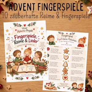 Könnte beinhalten: Zwei bedruckte Aktivitätsblätter mit den Titeln ADVENT FINGERSPIELE und Fingerspiele Reime & Lieder, illustriert mit drei Kindern, einem Hasen und einem Vogel. Die Blätter enthalten Text, Noten und Grafiken von Plätzchen für Fingerspiele.