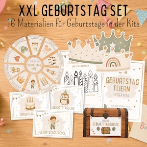 Könnte beinhalten: Ein Geburtstagsset mit einem kreisförmigen Rad, Papierkronen und Karten mit Illustrationen von einer Eule, einem Kind und einem Kuchen. Das Set enthält den Text XXL GEBURTSTAG SET, 16 Materialien für Geburtstage in der Kita und GEBURTSTAG FEIERN IN DER KITA sowie eine Holztruhe mit einem Schild mit der Aufschrift UNSERE GEBURTSTAGSKISTE.