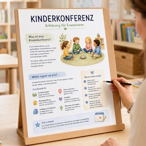 May include: A vertical informational poster titled KINDERKONFERENZ with the subtitle Erkl&auml;rung f&uuml;r Erwachsene. The poster features illustrations of children in a circle, text sections explaining the concept, benefits, and examples, all displayed on a wooden easel.