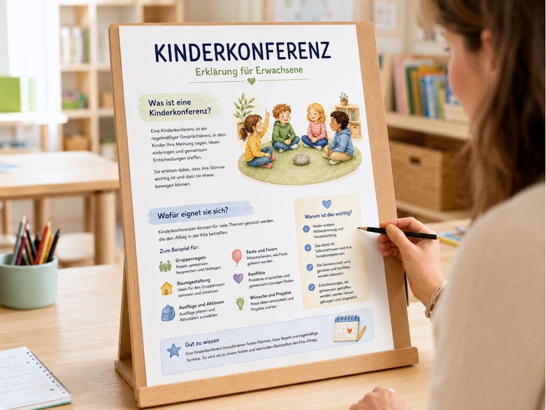 May include: A vertical informational poster titled KINDERKONFERENZ with the subtitle Erkl&auml;rung f&uuml;r Erwachsene. The poster features illustrations of children in a circle, text sections explaining the concept, benefits, and examples, all displayed on a wooden easel.