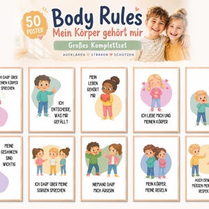 Puede incluir: Un conjunto de 50 pósteres educativos titulados Body Rules Mein Körper gehört mir, que presentan ilustraciones de niños con texto en alemán. Cada póster muestra una escena diferente con personajes diversos y marcos de madera.