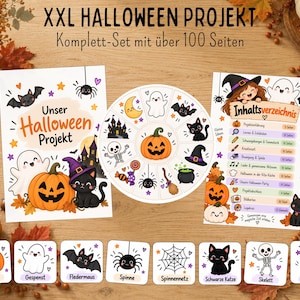 Può includere: Un kit per progetti di Halloween con fogli stampati che mostrano illustrazioni di zucche, fantasmi, gatti neri, pipistrelli e ragni. Il set include una ruota delle attività circolare, una pagina con l'indice e carte singole con etichette.