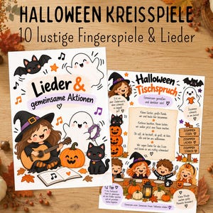 Peut inclure: Deux feuilles de papier blanc illustrées sur le thème d'Halloween, montrant une sorcière jouant de la guitare, des fantômes, un chat noir et des citrouilles. Le texte inclut "HALLOWEEN KREISSPIELE", "10 lustige Fingerspiele & Lieder" et "Halloween Tischspruch".