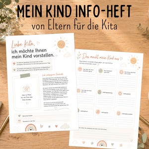Könnte beinhalten: Zwei weiße Informationsblätter mit der Überschrift MEIN KIND INFO-HEFT von Eltern für die Kita, bedruckt mit Text, Leerzeilen zum Ausfüllen sowie Illustrationen von Sonne, Regenbogen und Sternen für den Austausch mit der Kindertagesstätte.