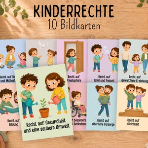 Könnte beinhalten: Ein Set aus 10 illustrierten Karten mit der Aufschrift KINDERRECHTE 10 Bildkarten, die farbenfrohe Zeichentrick-Szenen zu verschiedenen Kinderrechten zeigen. Jede Karte stellt Kinder in unterschiedlichen Situationen mit deutschen Textbeschriftungen dar.