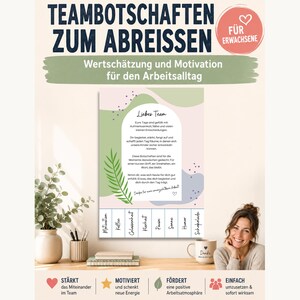Könnte beinhalten: Ein Abreißblock mit dem Titel "TEAMBOTSCHAFTEN ZUM ABREISSEN" und einem pastellfarbenen, abstrakten Design. Die zentrale Karte enthält deutschen Text, eine grüne Blattillustration und sieben vertikale Reiter mit Begriffen wie "Motivation" und "Kaffee".