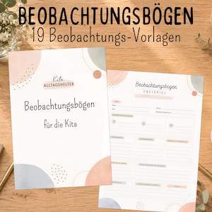 Könnte beinhalten: Zwei gedruckte Beobachtungsbögen mit den Titeln Beobachtungsbögen für die Kita und Beobachtungsbogen Freispiel, verziert mit pastellfarbenen abstrakten Formen und Punktmustern. Die Dokumente enthalten strukturierte Felder für Notizen und Daten.