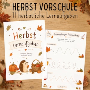 Pode incluir: Duas folhas de atividades educativas brancas intituladas HERBST VORSCHULE 11 herbstliche Lernaufgaben. As páginas apresentam ilustrações com tema de outono, incluindo um ouriço, uma abóbora, uma cesta de maçãs e exercícios de traçado.