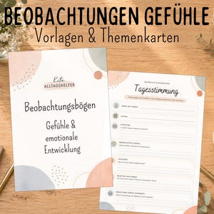 Könnte beinhalten: Zwei bedruckte Papierbögen mit dem deutschen Text Beobachtungen Gefühle und Tagesstimmung. Die Dokumente enthalten Abschnitte zur Erfassung von Beobachtungen, Gefühlen und Tagesstimmungen, verziert mit pastellfarbenen Kreisen und Punktmustern.