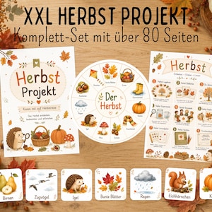 Könnte beinhalten: Ein gedrucktes Lern- und Aktivitätsset mit dem Titel XXL HERBST PROJEKT mit über 80 Seiten, bestehend aus einem kreisförmigen Diagramm, zwei Informationsblättern und sechs quadratischen Karten mit herbstlichen Motiven wie Igeln und Kürbissen.