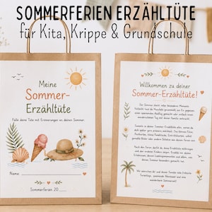 Könnte beinhalten: Zwei braune Papiertüten mit Henkeln, bedruckt mit sommerlichen Illustrationen und deutschem Text. Die linke Tüte trägt die Aufschrift Meine Sommer-Erzähltüte, während die rechte Tüte einen erklärenden Text über Sommererinnerungen enthält.