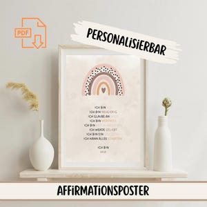 Póster de afirmaciones infantiles personalizado con nombre – diseño arcoíris – fortalece la autoestima – DIN A4 – descarga instantánea en PDF