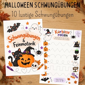 Può includere: Due fogli di attività educativi con illustrazioni a tema Halloween che includono un gatto nero, una zucca, un fantasma, un pipistrello e un ragno. Il testo riporta HALLOWEEN SCHWUNGÜBUNGEN, 10 lustige Schwungübungen, Schwungübungen & Feinmotorik e Kürbisse rollen.