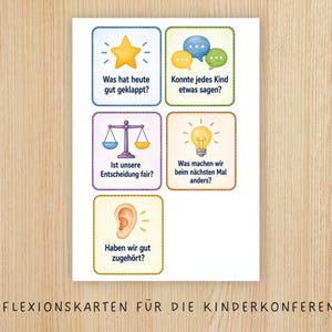 May include: A white rectangular card featuring five colourful squares with illustrations and German text. The icons include a yellow star, blue and green speech bubbles, a purple scale, a yellow lightbulb, and a tan ear, with the title REFLEXIONSKARTEN F&Uuml;R DIE KINDERKONFERENZ.