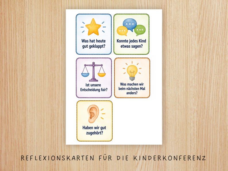 May include: A white rectangular card featuring five colourful squares with illustrations and German text. The icons include a yellow star, blue and green speech bubbles, a purple scale, a yellow lightbulb, and a tan ear, with the title REFLEXIONSKARTEN F&Uuml;R DIE KINDERKONFERENZ.