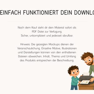 May include: An informational graphic with the text SO EINFACH FUNKTIONIERT DEIN DOWNLOAD, followed by German text explaining a digital PDF download process. An illustration shows a person and a child using a printer to produce a document.