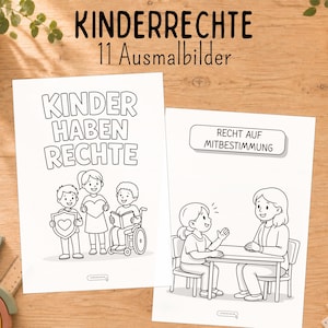 Könnte beinhalten: Zwei weiße Blätter mit schwarz-weißen Ausmalbildern. Ein Blatt zeigt Kinder mit einem Schild und einem Buch unter dem Text KINDER HABEN RECHTE. Das andere Blatt zeigt ein Kind und einen Erwachsenen an einem Tisch mit RECHT AUF MITBESTIMMUNG.